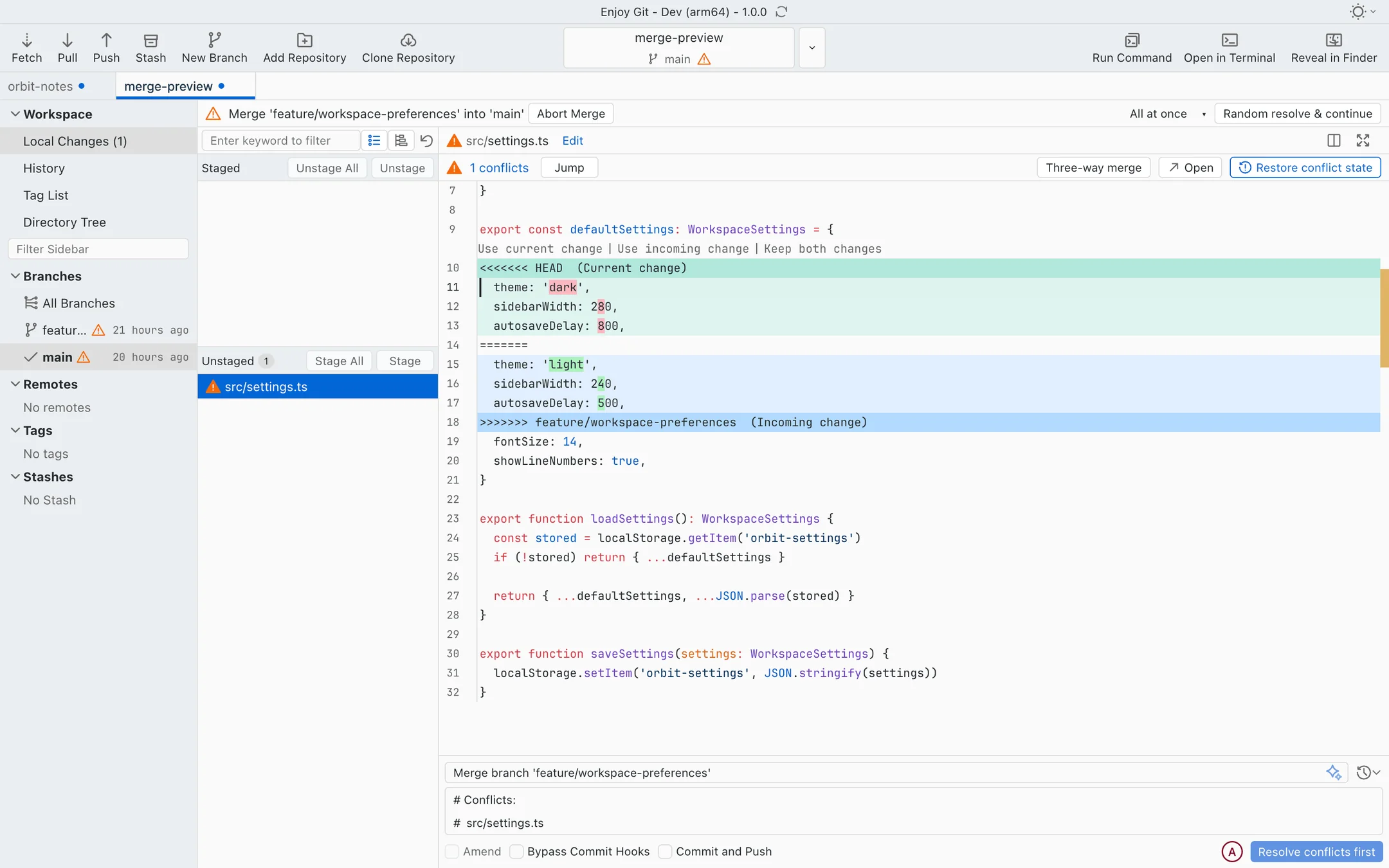 Inline actions to accept current, incoming, or both changes in a conflict