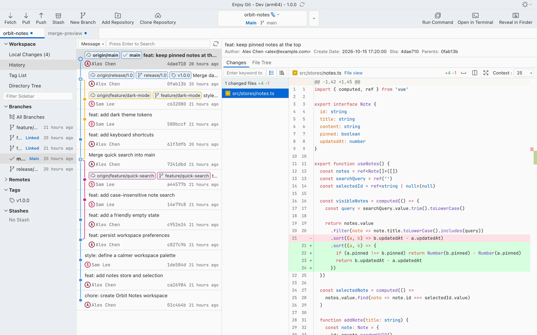 Branch graph, tags, commit details, and code differences