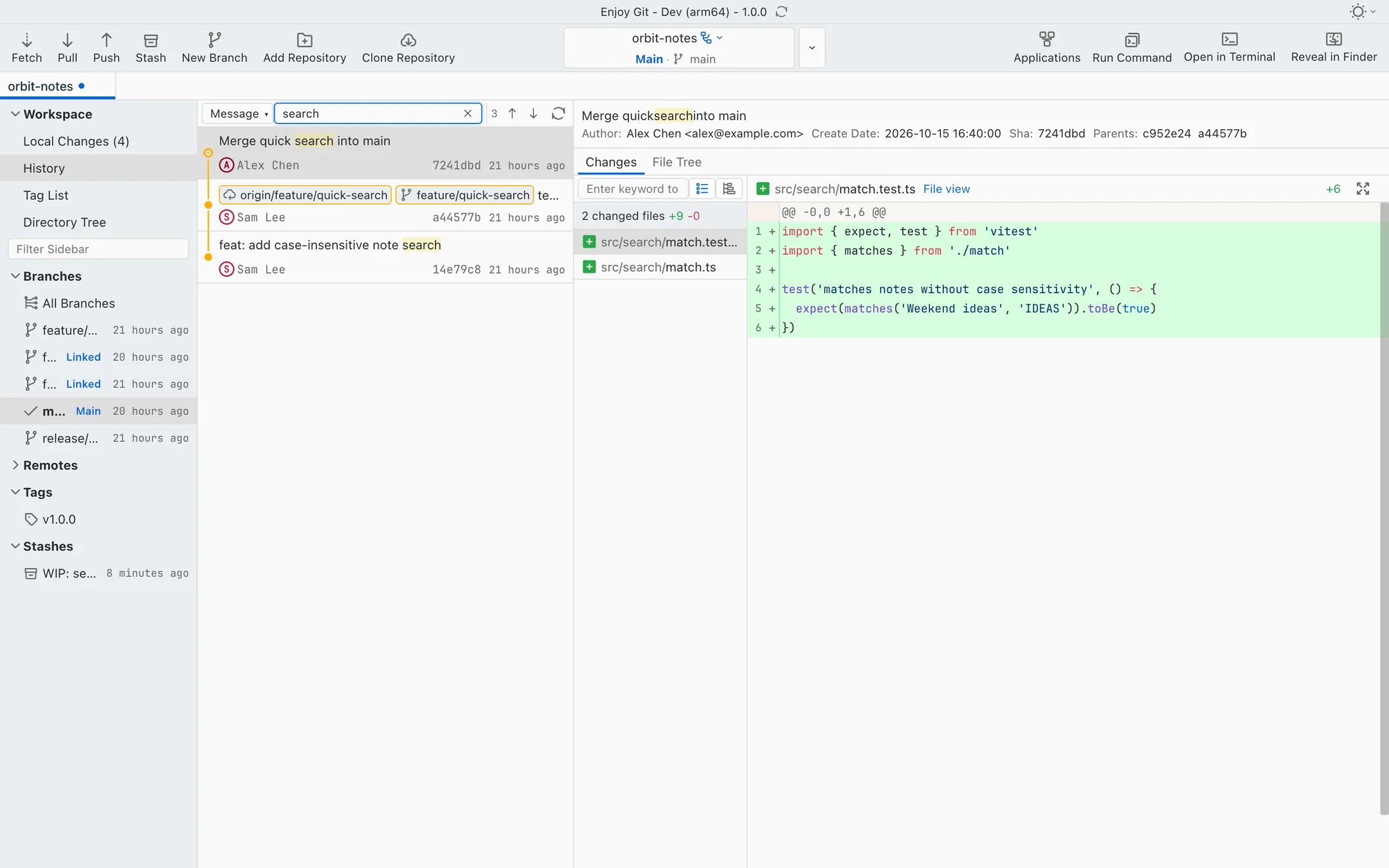 A commit graph search with matching results