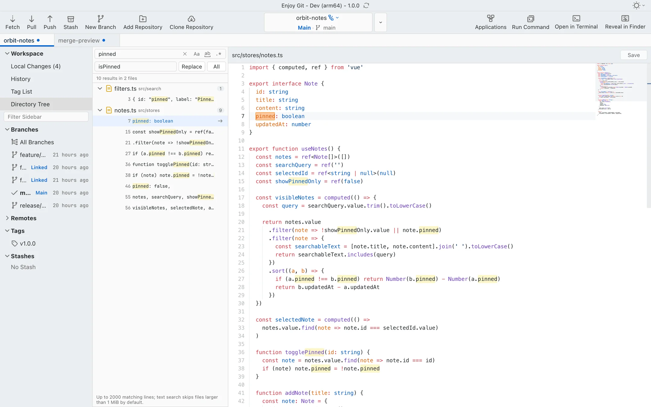 Full-text search results alongside the built-in code editor