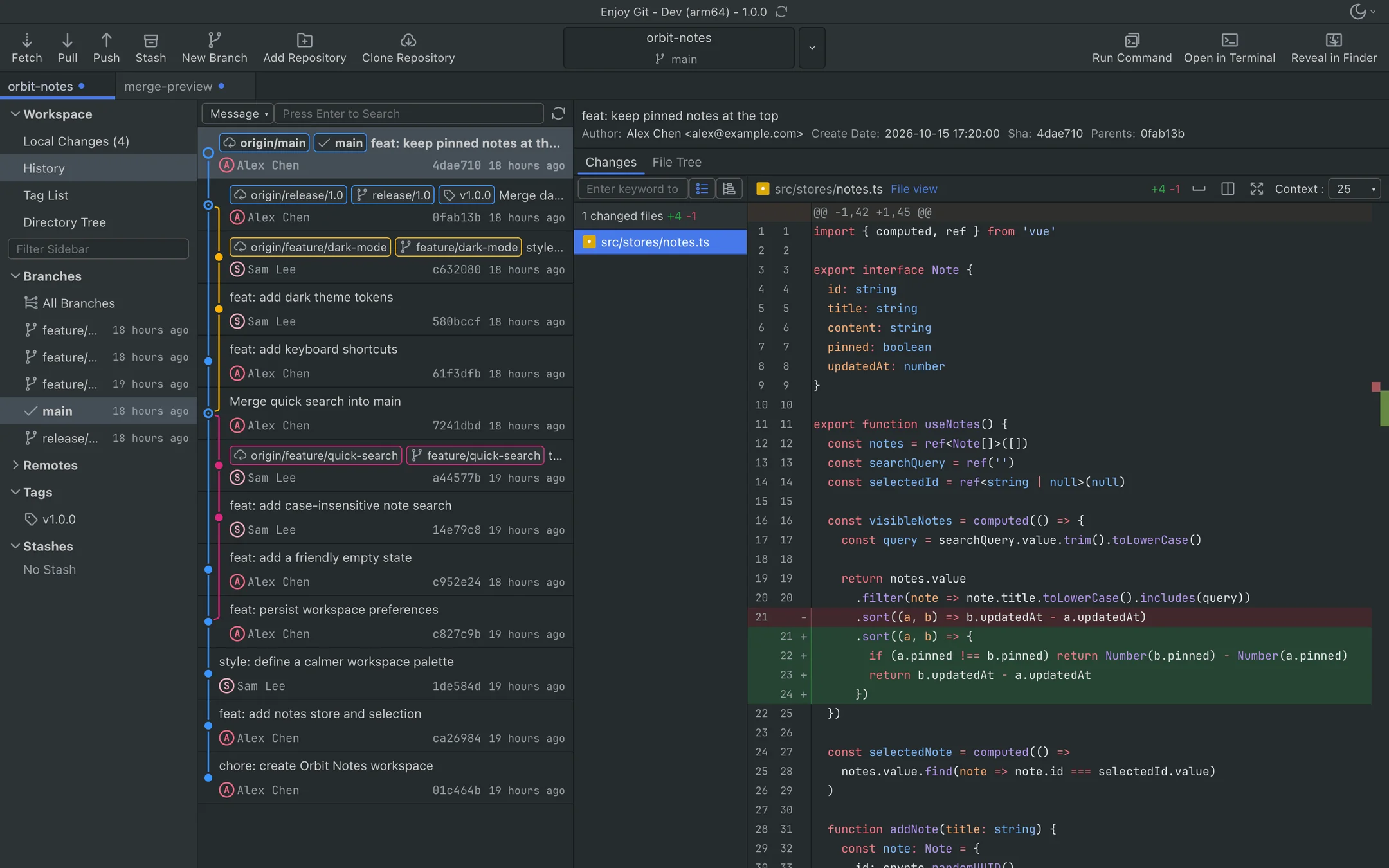 Enjoy Git commit graph and code differences in the dark theme