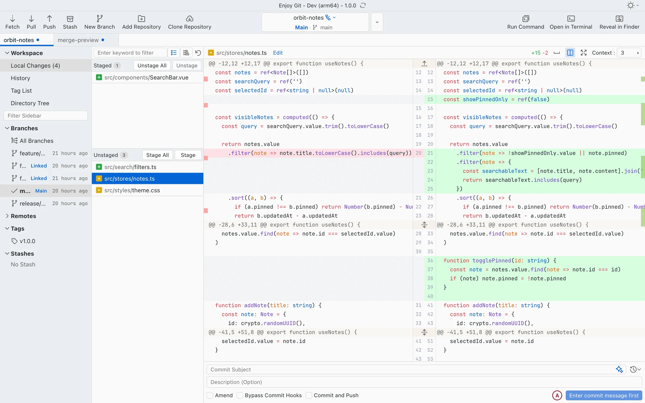 Staged and unstaged files with a side-by-side code diff